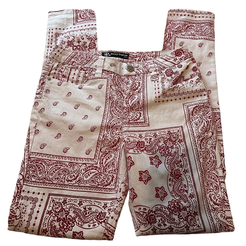 Bandana Skinny Jeans - White / Red Print - SZ 25 / 3 Women